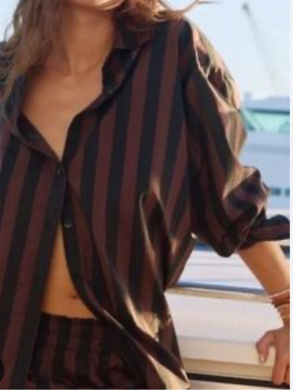 Aeri 100% Cotton Brown & Black Striped Oversized Button Down Top Collared Size M